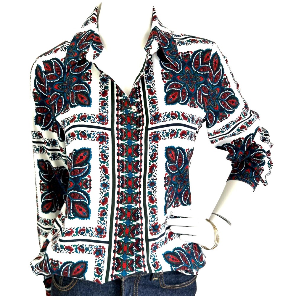 Tommy Hilfiger Scarf Paisley Print Button Up Blouse Boho Border Panel Top S EUC